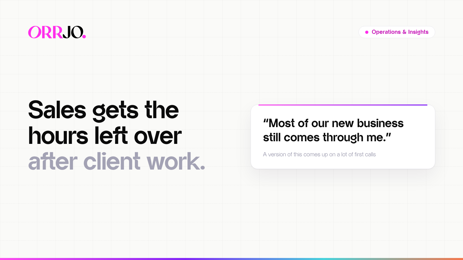 Hero Operations & Insights Sales gets the hours left over after client work. “Most of our new business still comes through me.” A version of this comes up on a lot of first calls
