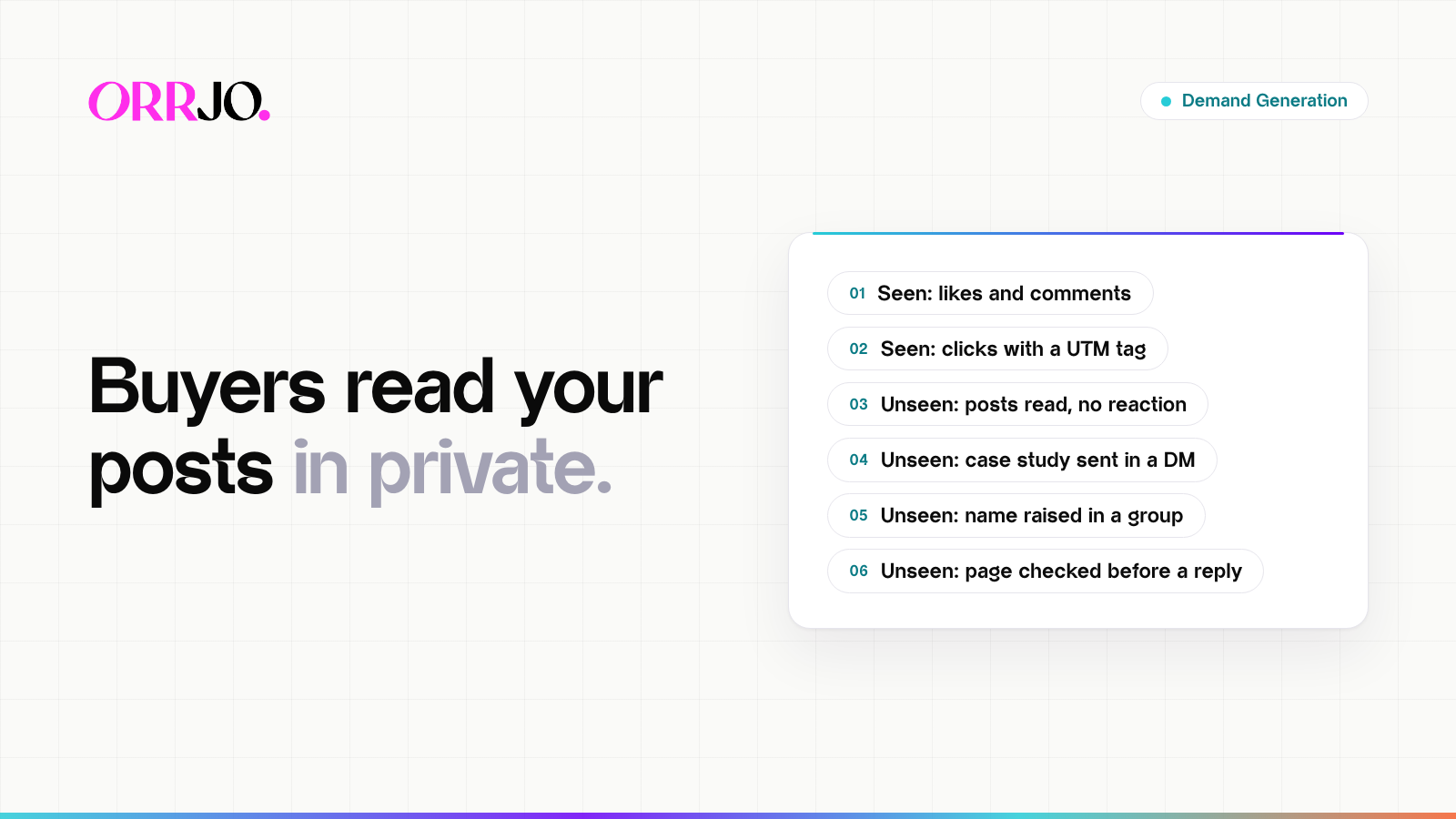 Hero Demand Generation Buyers read your posts in private. 01 Seen: likes and comments 02 Seen: clicks with a UTM tag 03 Unseen: posts read, no reaction 04 Unseen: case study sent in a DM 05 Unseen: name raised in a group 06 Unseen: page checked before a reply