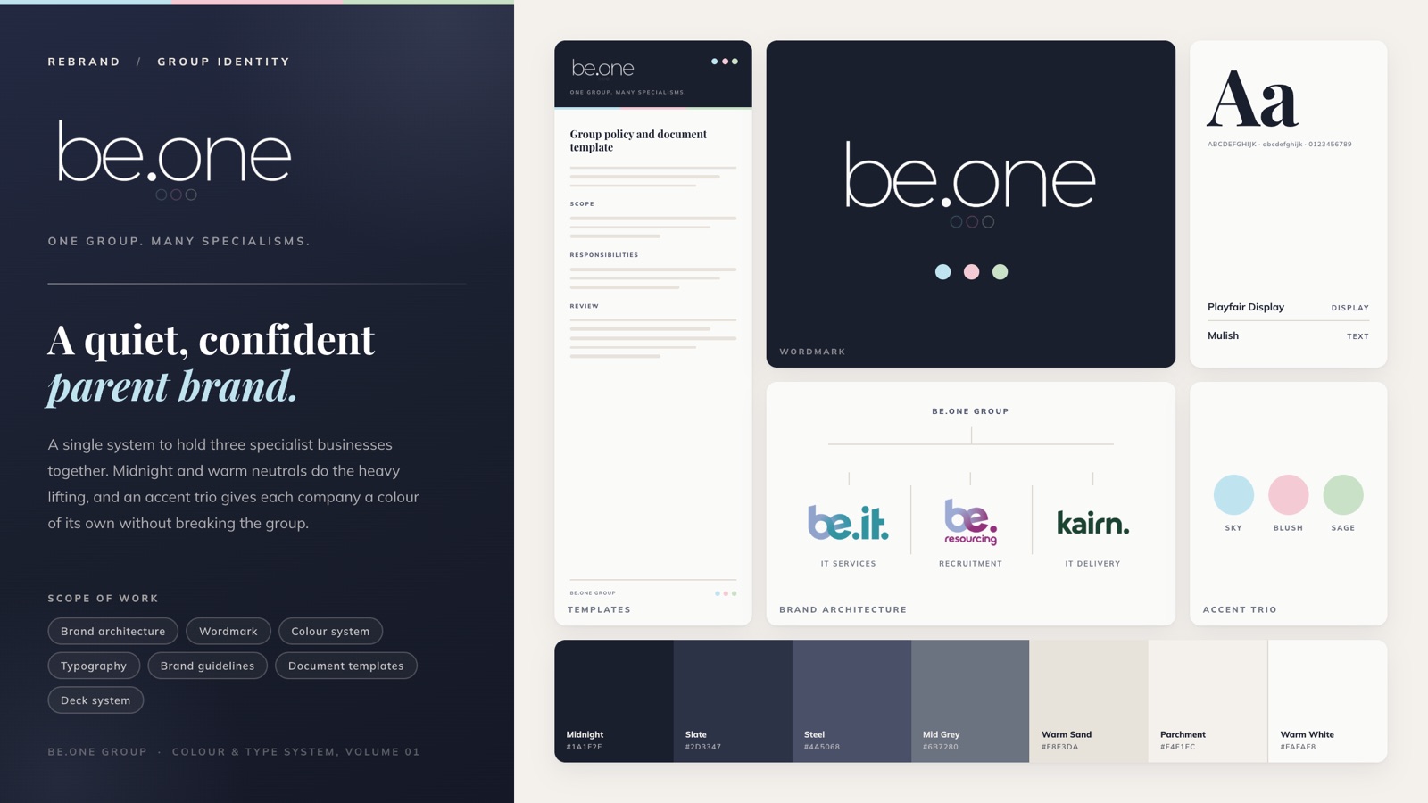 be.one brand book spread: midnight group identity holding three specialist businesses with a sky, blush and sage accent trio