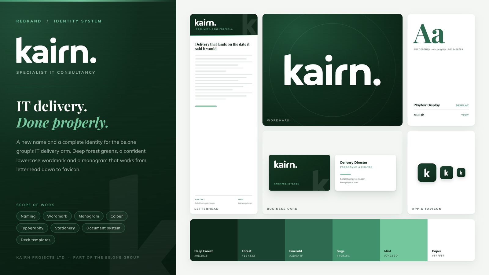 Kairn brand book spread: deep forest green identity, lowercase wordmark, letterhead, business card and app icons