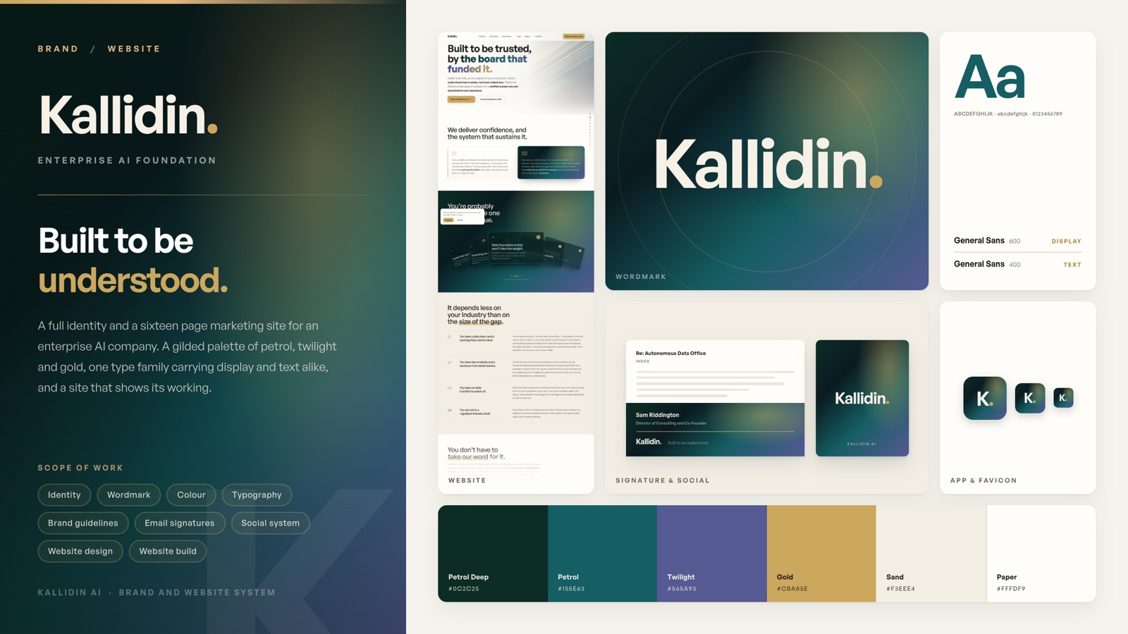 Kallidin brand book spread: petrol, twilight and gold identity with wordmark, website design and app icons