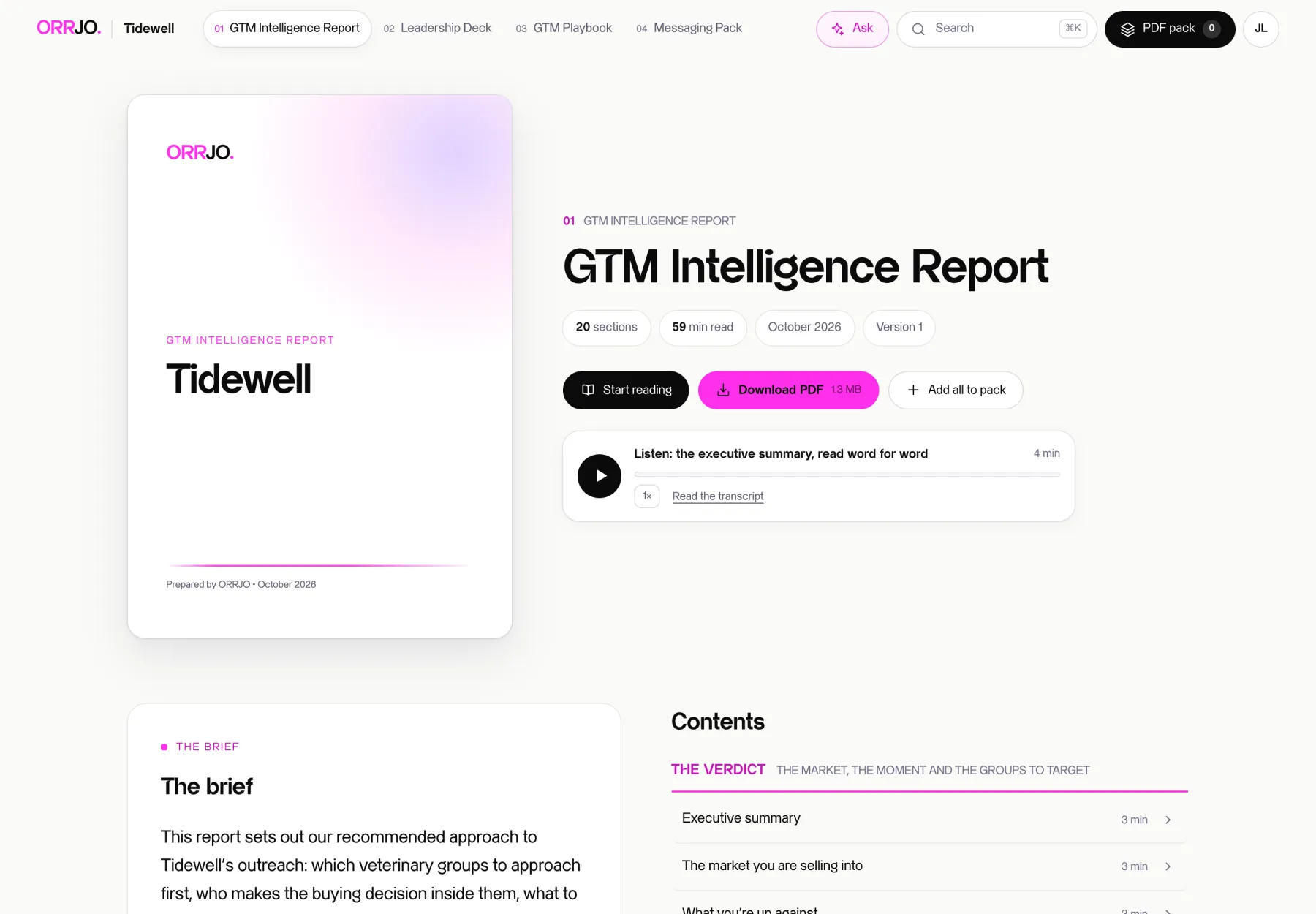 A GTM Intelligence Report page in the portal, with its cover, a Start reading button, a PDF download and an audio briefing.