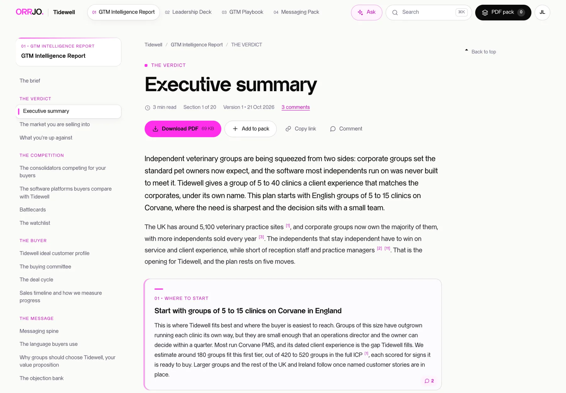 A report section in the portal, with the document contents on the left, a PDF download, add to pack and comment buttons, and the section text.