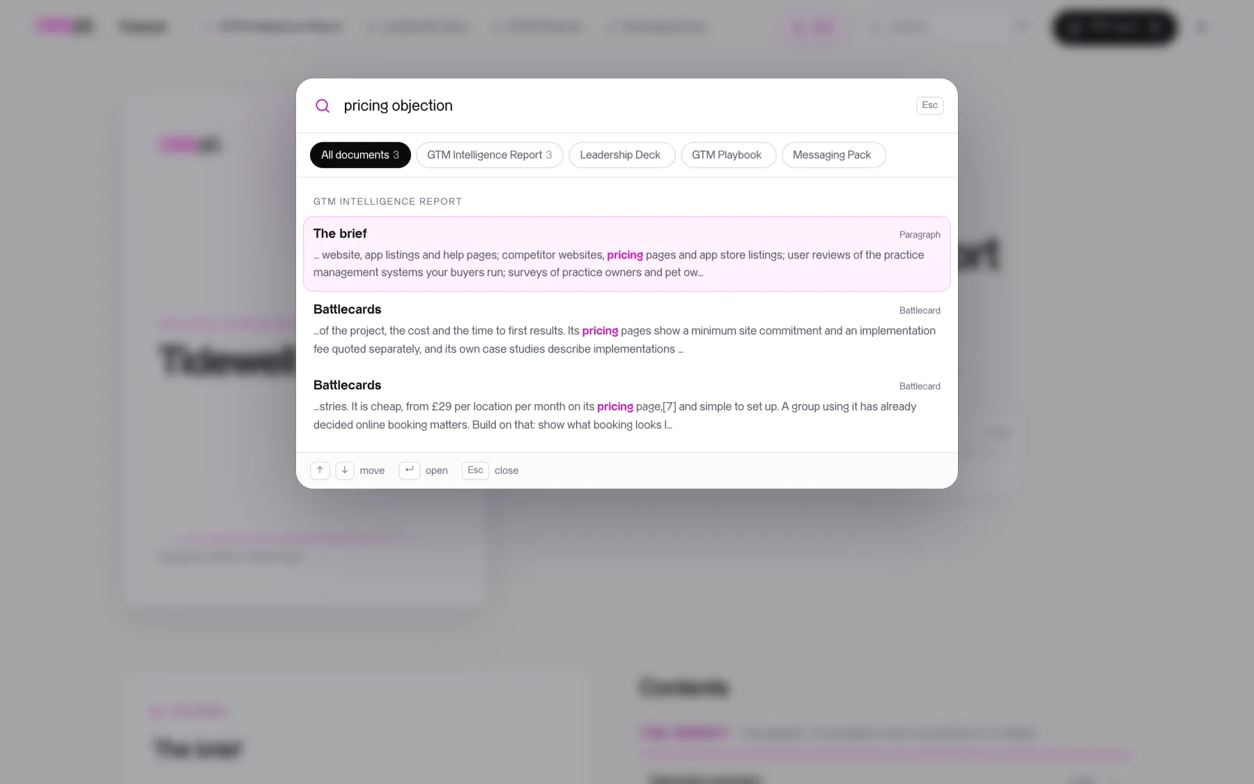 The portal search open over a report, showing results from the report and the playbook with the matching words highlighted.