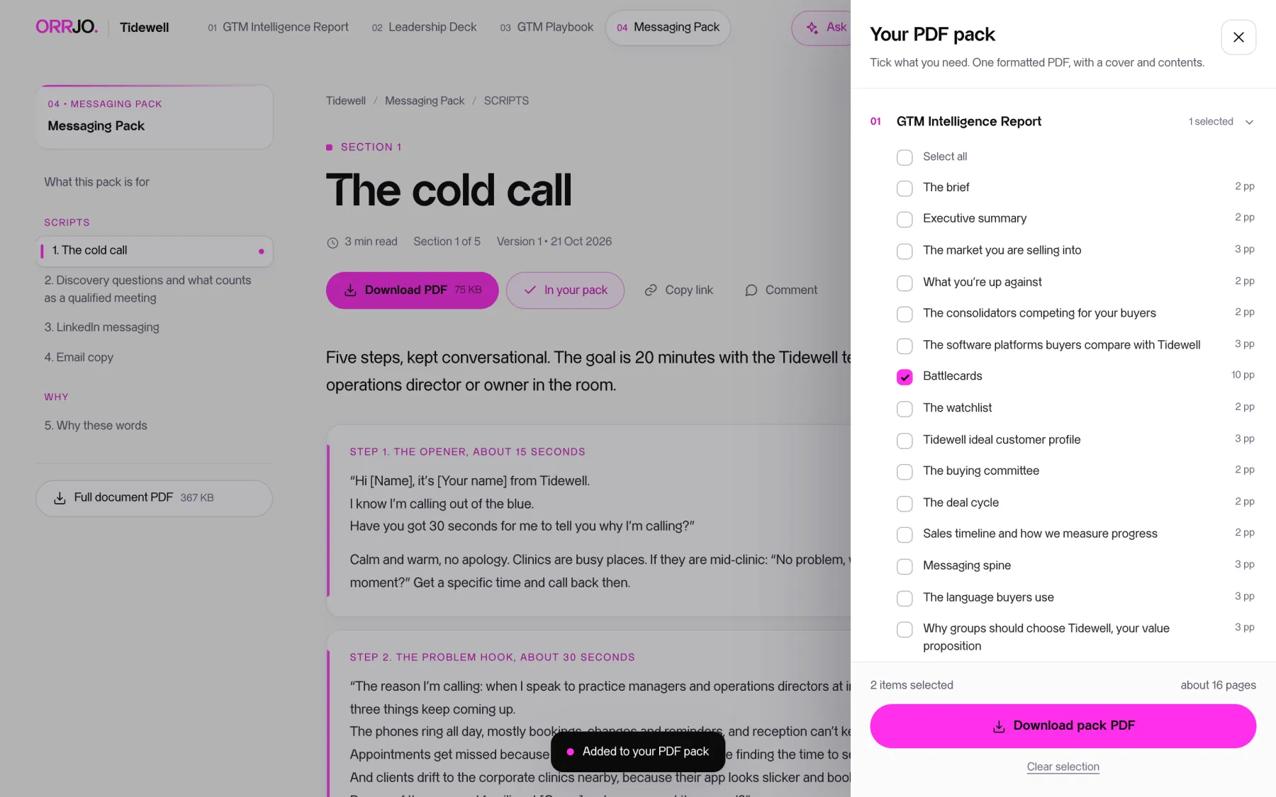 The PDF pack builder: a list of report sections with tick boxes, page counts and a Download pack PDF button.