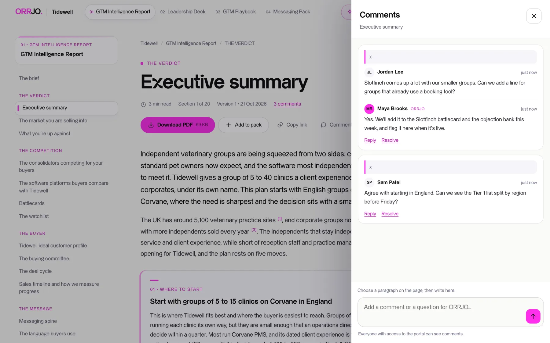 A comment thread open beside a report section, with a client comment and a reply from an ORRJO analyst.