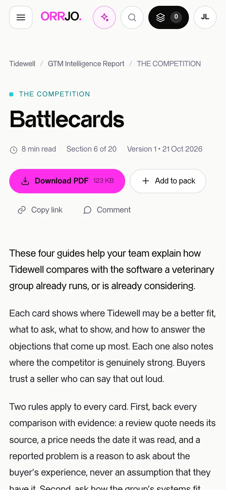 A battlecards section of the portal on a phone.